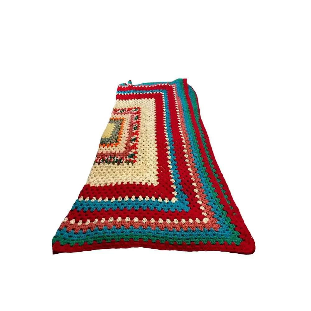 Vtg Crochet Lap Blanket Granny Throw 57”x57”Squares Blocks Multicolor Retro